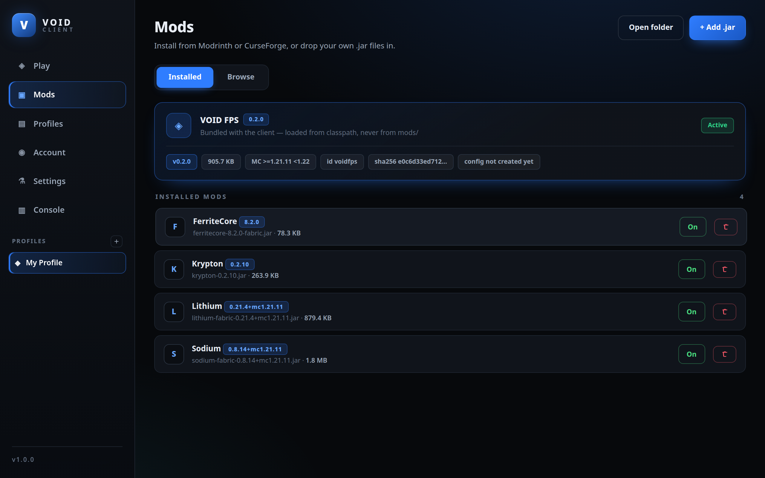 The Mods page: the bundled VOID FPS card, plus Sodium, Lithium, FerriteCore and Krypton with on/off toggles
