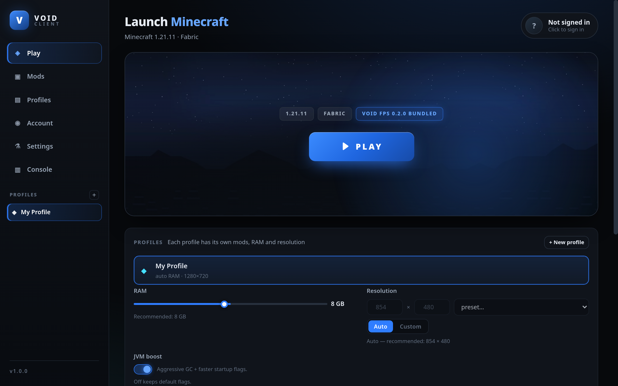 VOID Client launcher — the Play screen with the profile panel, RAM slider and resolution settings