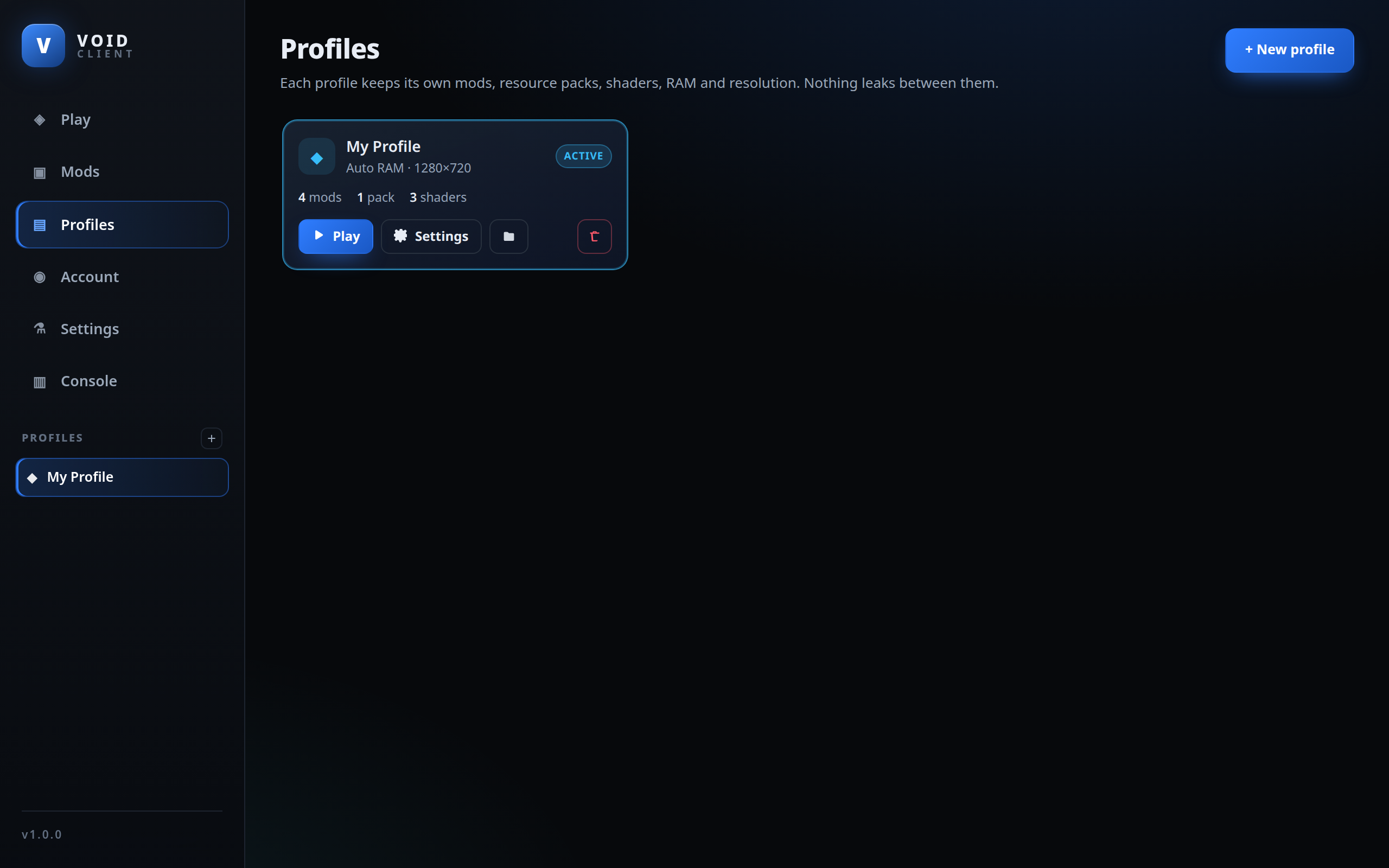 The Profiles page: a profile card showing mods, resource packs and shaders with Play, Settings, folder and delete controls